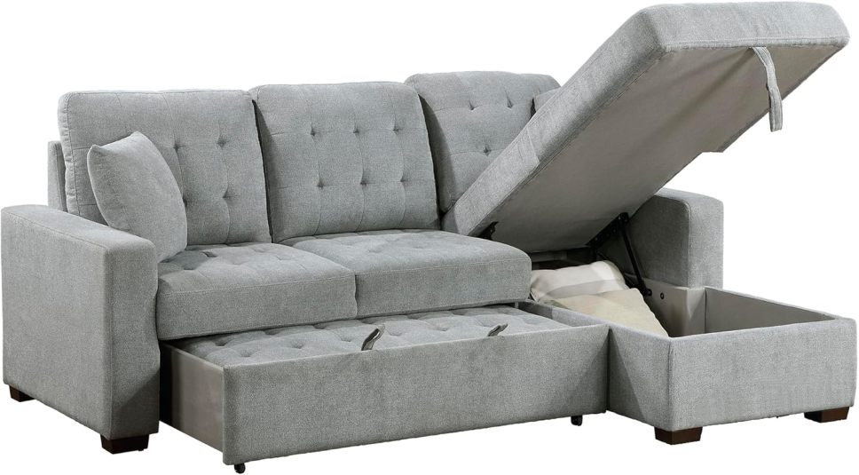 Sleeper Sofa, L Shape Sectional Couch with Right Storage Chaise and Pull Out Sofa Bed, Grey