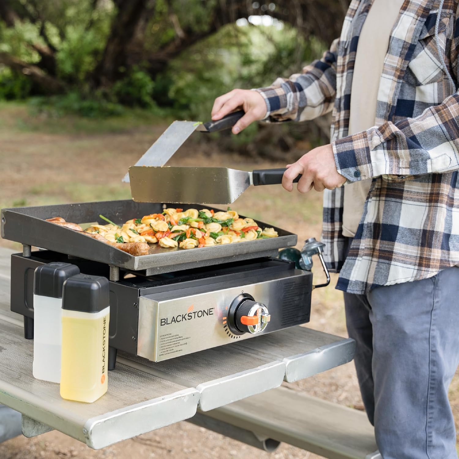 Stainless Steel Propane Gas Portable Flat Top Frying Pan Accessory Station for Kitchen, Camping, Outdoor, Tailgate Party, Tabletop, Countertop - Heavy Duty, 17 Inch