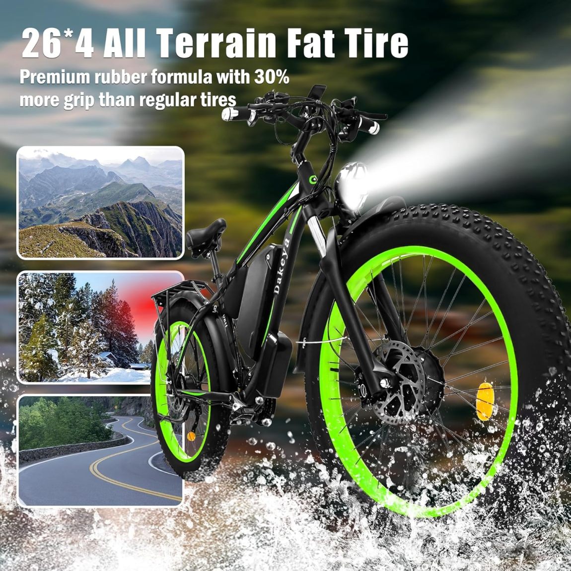 Dakeya Dual Motor Ebike,52V 23AH Battery Electric Bike for Adults AWD 2000W Peak 3600W,21-Speed 37MPH Mountain Snow Ebike with Removable,26 x 4.0 Fat Tire E-Bike with Cycling Pannier Bag