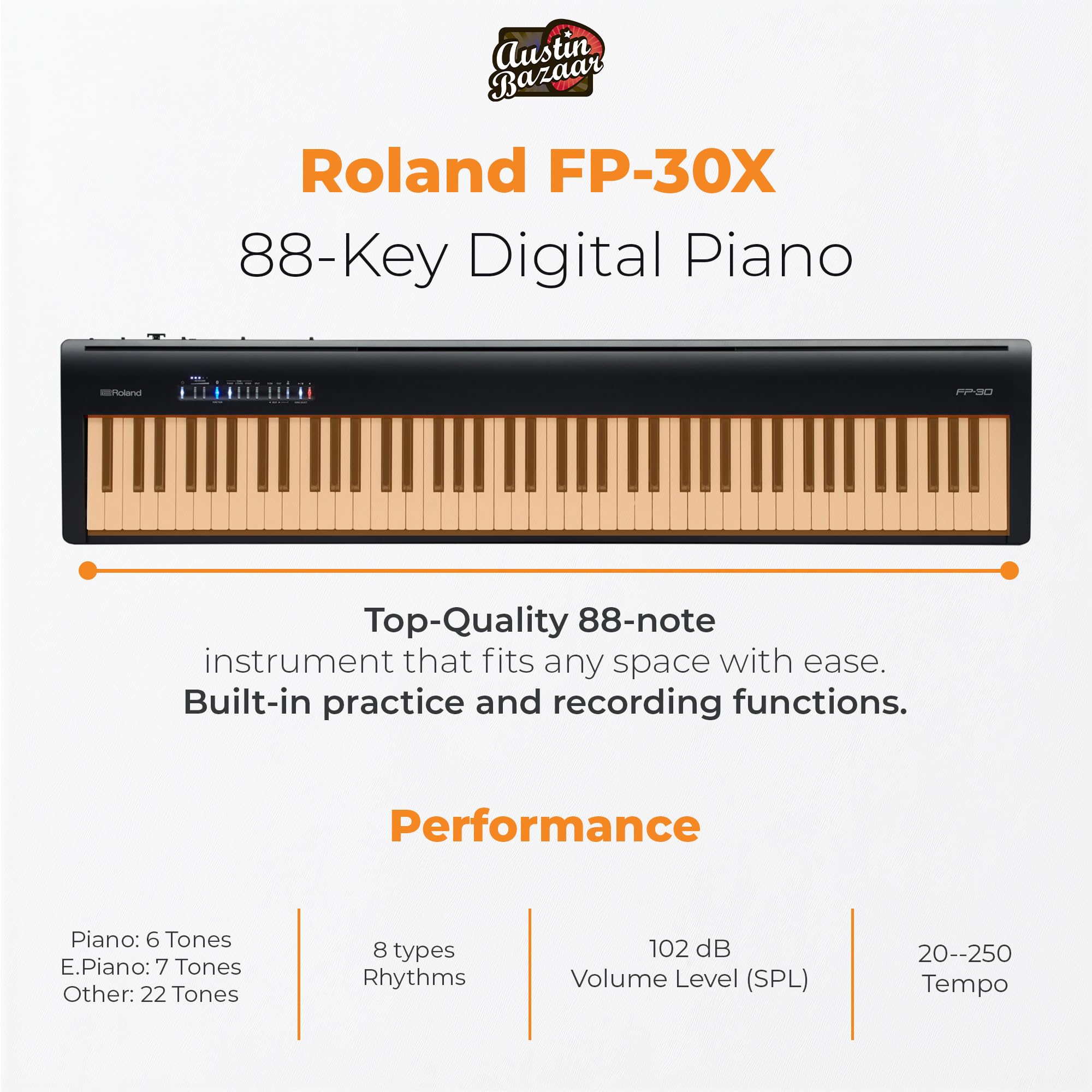 Roland FP-10 Digital Piano - Black Bundle with KSC-FP10 Stand, Bench, Sustain Pedal, Instructional Book, Online Lessons, Instructional DVD, and Austin Bazaar Polishing Cloth