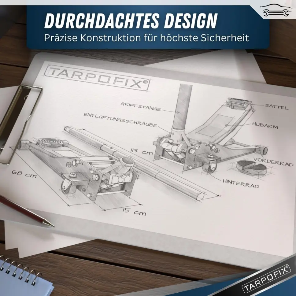 Tarpofix® Hydraulic Jack 3t (75-505mm Lifting Height) | Premium Twin Cylinder Jack | Flat hydraulic jack for SUVs and low-profile vehicles