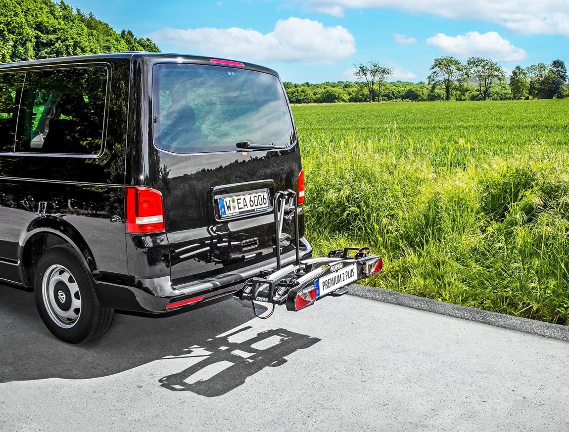 EUFAB 11523 Premium 2 Plus Bicycle Carrier, Suitable for E-Bikes, Large Tailgates, Fully Pre-Assembled, Anti-Theft Protection, for 2 Bicycles, for Trailer Coupling, Black/Grey, W x H x D Approx. 115 x