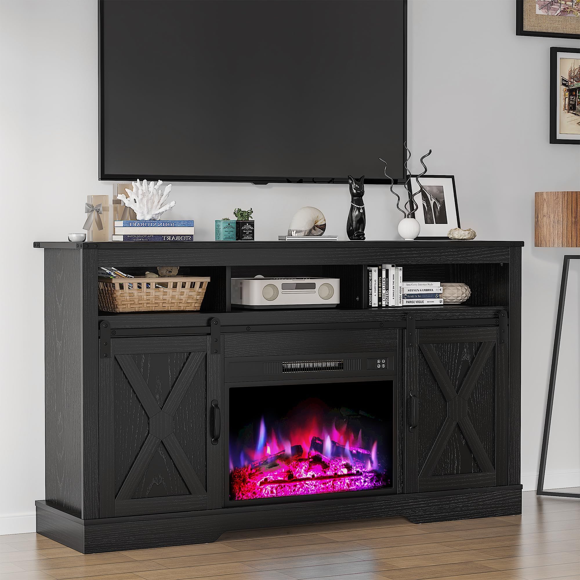 RoyalCraft Farmhouse Fireplace TV Stand for 65+ Inch TV, Entertainment Center with 23 Electric Fireplace with Remote, 34 Modern Rustic TV Console with Sliding Bar Door for Living Room