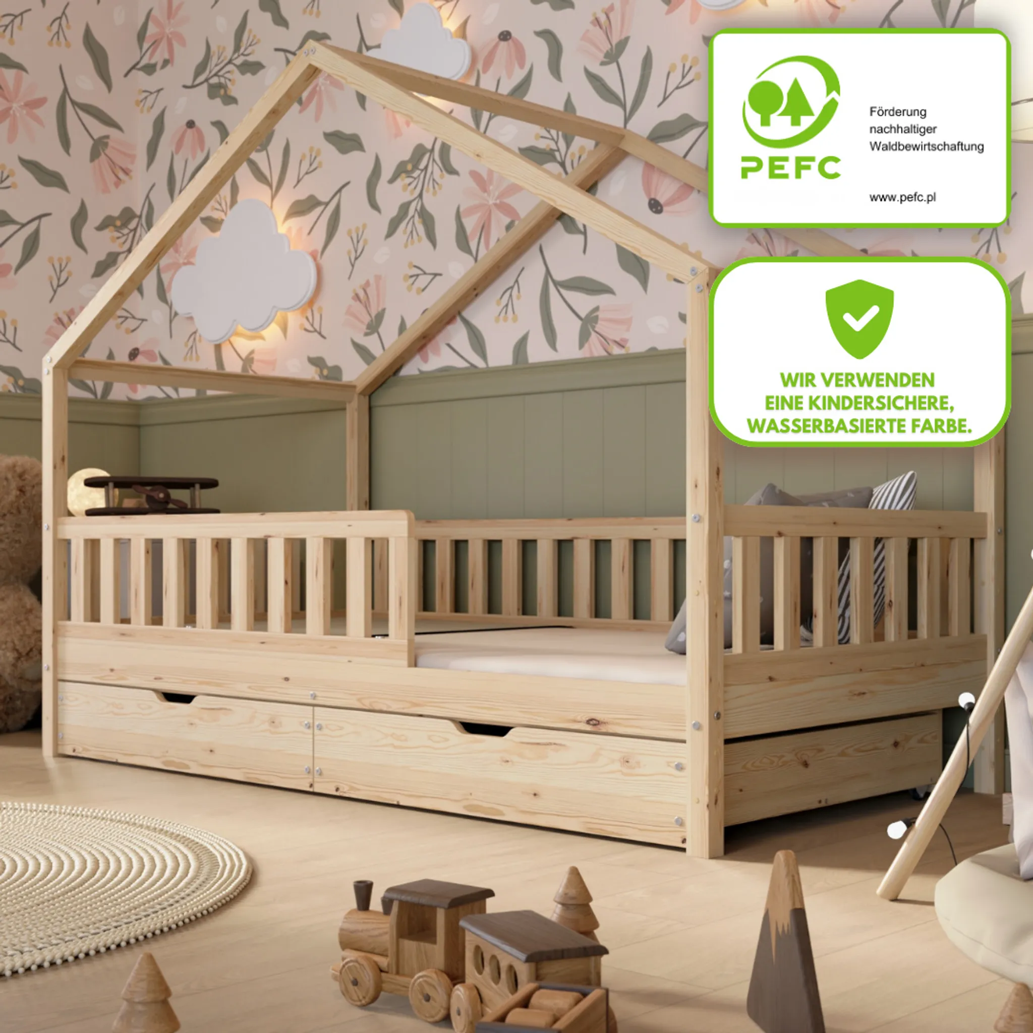 Crazy Pine House Bed with Drawers 80x160 cm – Children's Bed Made of Natural Wood – Floor Bed with Storage and Removable Barrier - Crazy House