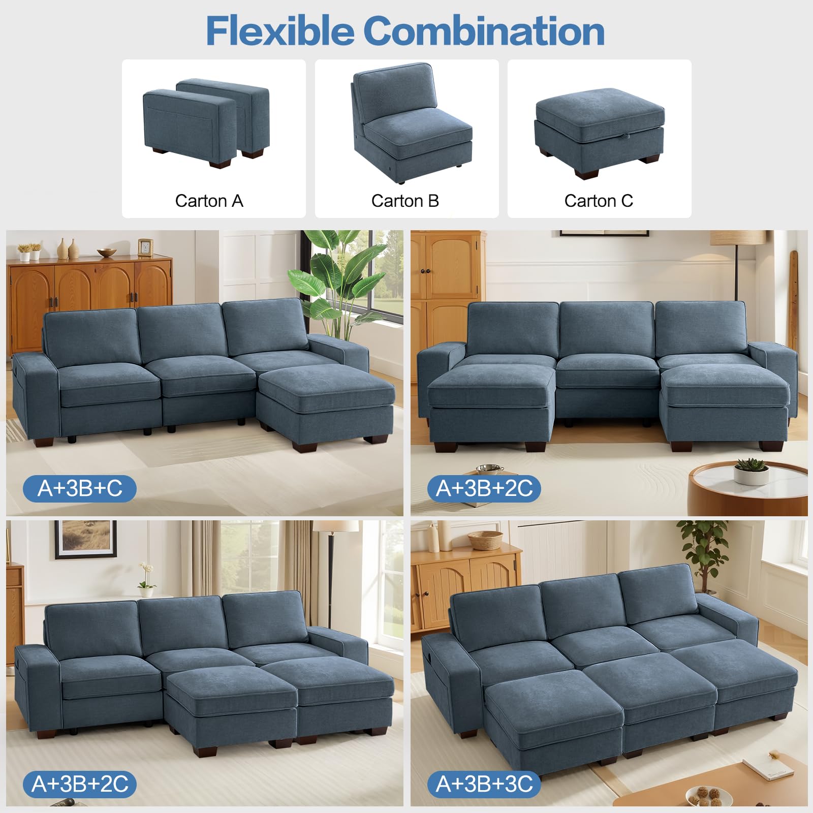 TEKAMON 100 Modular Sectional Sofa with Seats Storage, L Shaped Couch with Movable Ottoman, Chenille Fabric Couch for Living Room, Office, Apart W/Deep Seat, USB Charging,Removable Cover
