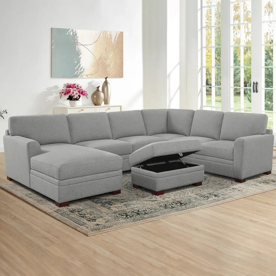 Thomasville Langdon Fabric Sectional with Chaise and Storage Ottoman, Gray