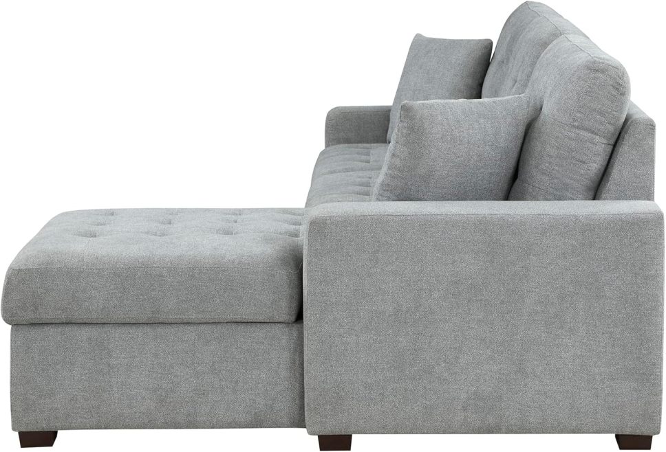Sleeper Sofa, L Shape Sectional Couch with Right Storage Chaise and Pull Out Sofa Bed, Grey