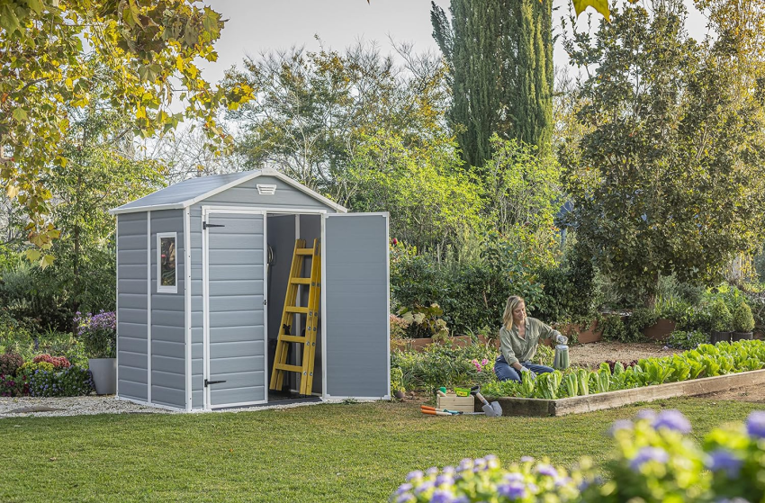 Keter Manor Outdoor Plastic Garden Storage Shed, Grey, 6 x 8 ft