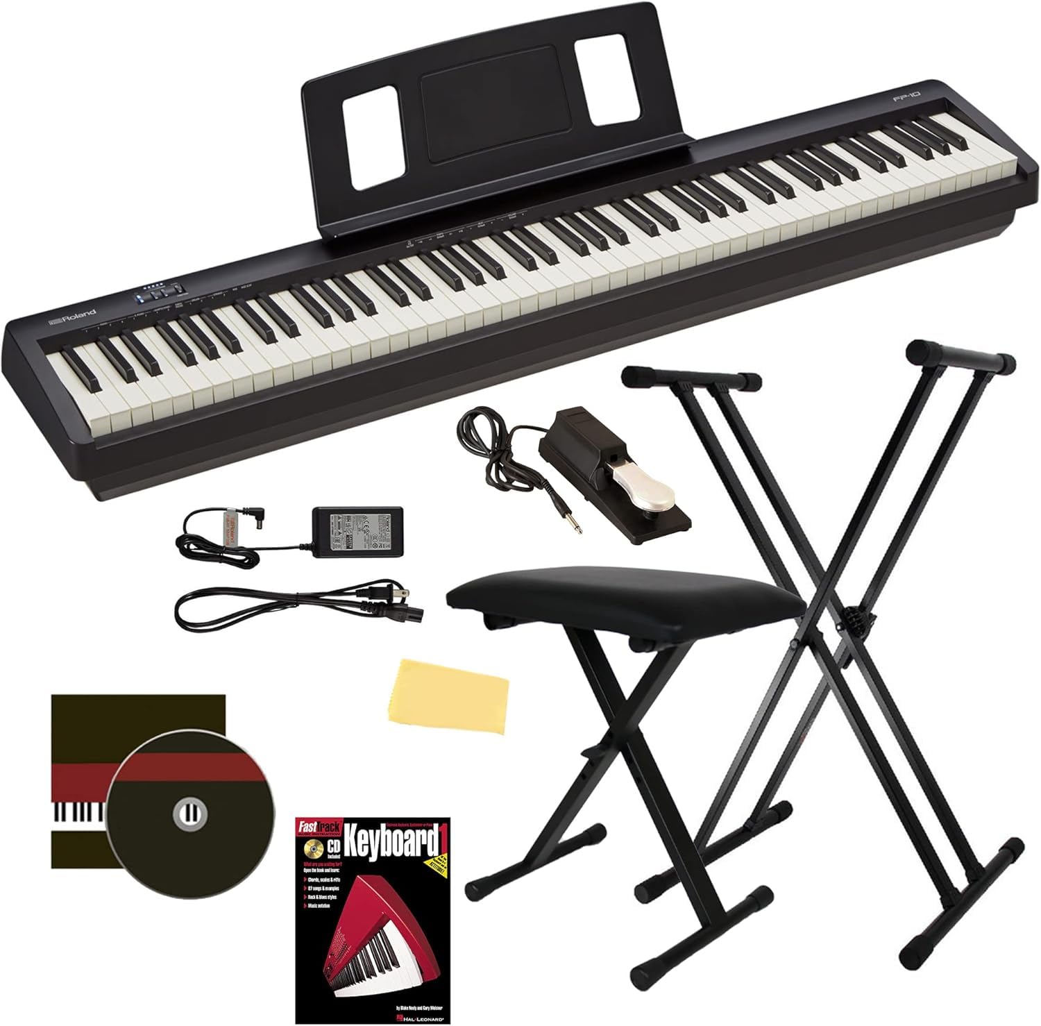 Roland FP-10 Digital Piano - Black Bundle with KSC-FP10 Stand, Bench, Sustain Pedal, Instructional Book, Online Lessons, Instructional DVD, and Austin Bazaar Polishing Cloth