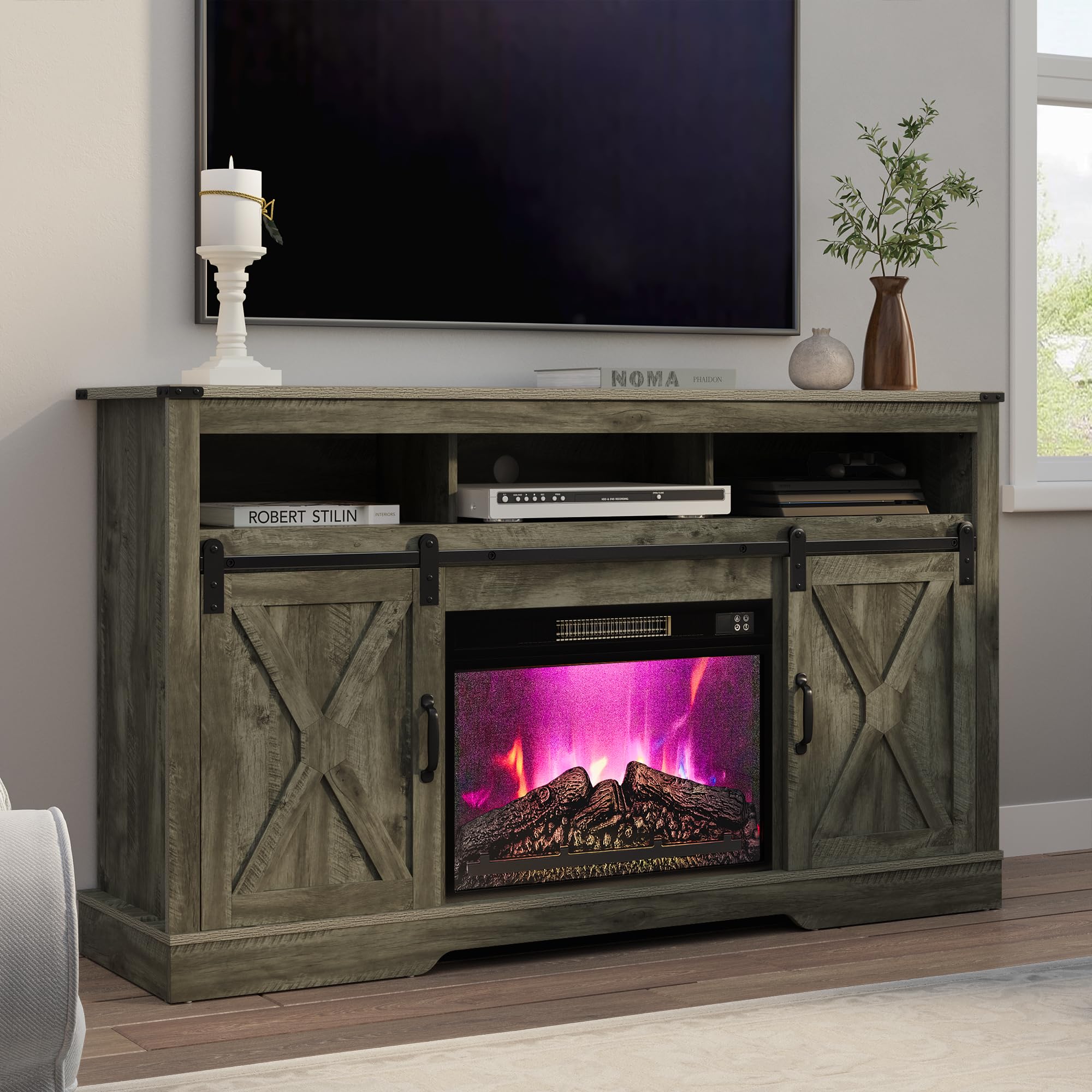 RoyalCraft Farmhouse Fireplace TV Stand for 65+ Inch TV, Entertainment Center with 23 Electric Fireplace with Remote, 34 Modern Rustic TV Console with Sliding Bar Door for Living Room