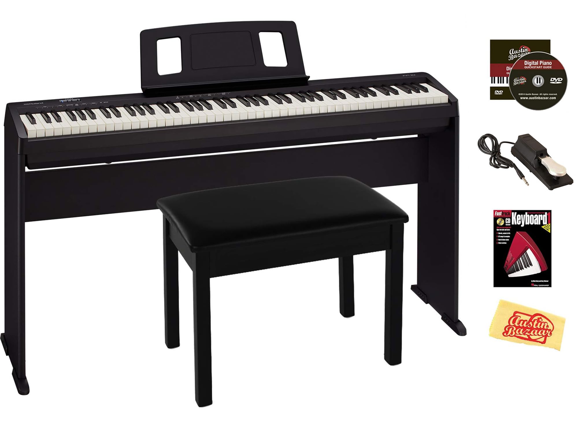 Roland FP-10 Digital Piano - Black Bundle with KSC-FP10 Stand, Bench, Sustain Pedal, Instructional Book, Online Lessons, Instructional DVD, and Austin Bazaar Polishing Cloth