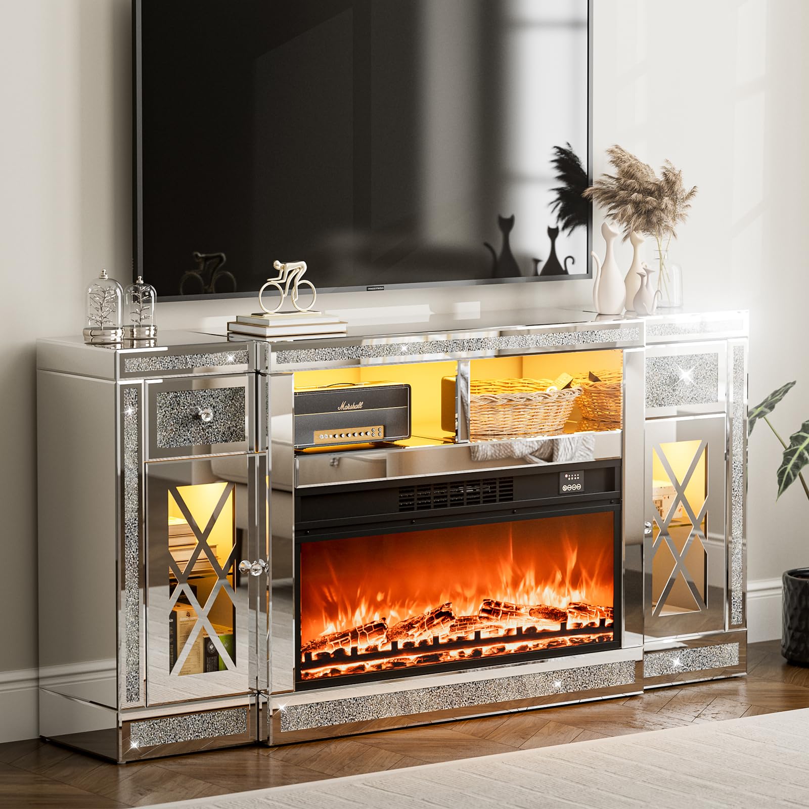 Mirrored Electric Fireplace TV Stand,Silver Glass TV Stand with and Storage Cabinet,Faux Fireplace Mantel, Freestanding Firebox with 3D Realistic Flame and 7 Colors for Living Room and Bedroom