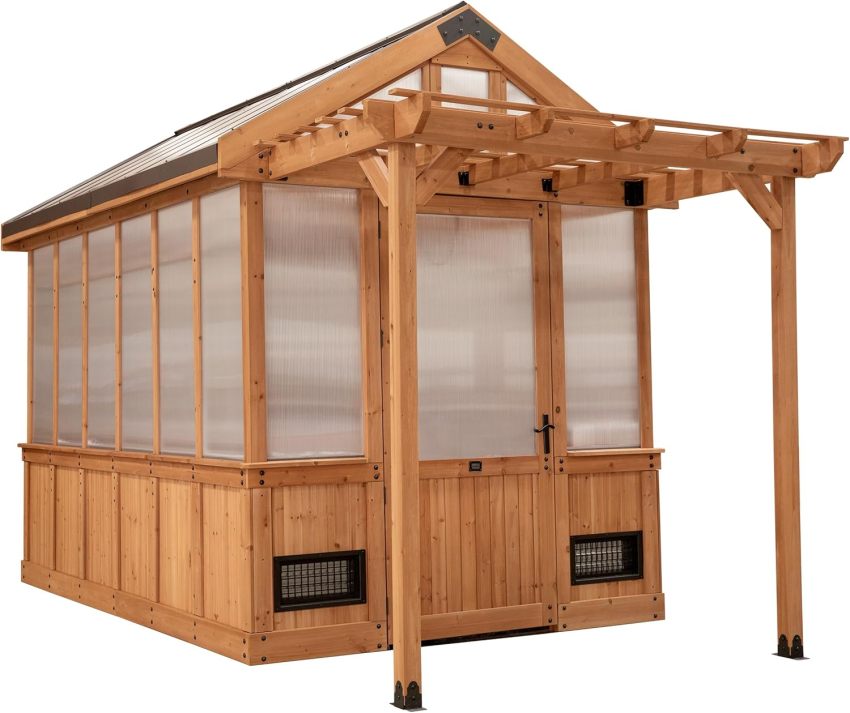 Backyard Discovery Bellerose Traditional Wood Greenhouse, All Cedar, Exterior and Interior Hose Hook-up, PowerPort, Foldable Shelves, Passive and Active Ventilation