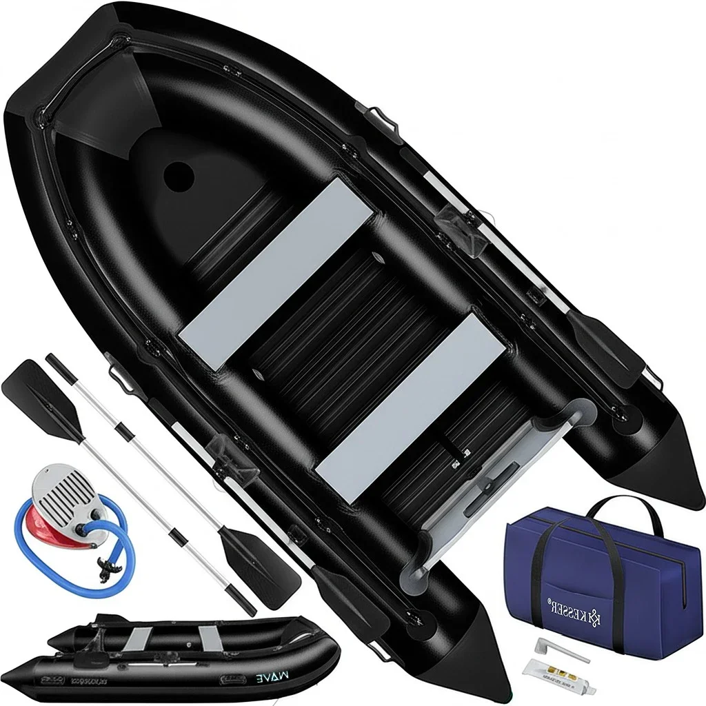 KESSER® Inflatable Boat 3.20 m for 4 People - Wave Motor Suitable Leisure Boat Paddle Boat Motor Boat Fishing Boat - with 2 Benches - Aluminium Base Paddle Pump Repair Kit & Bag Inflatable PVC