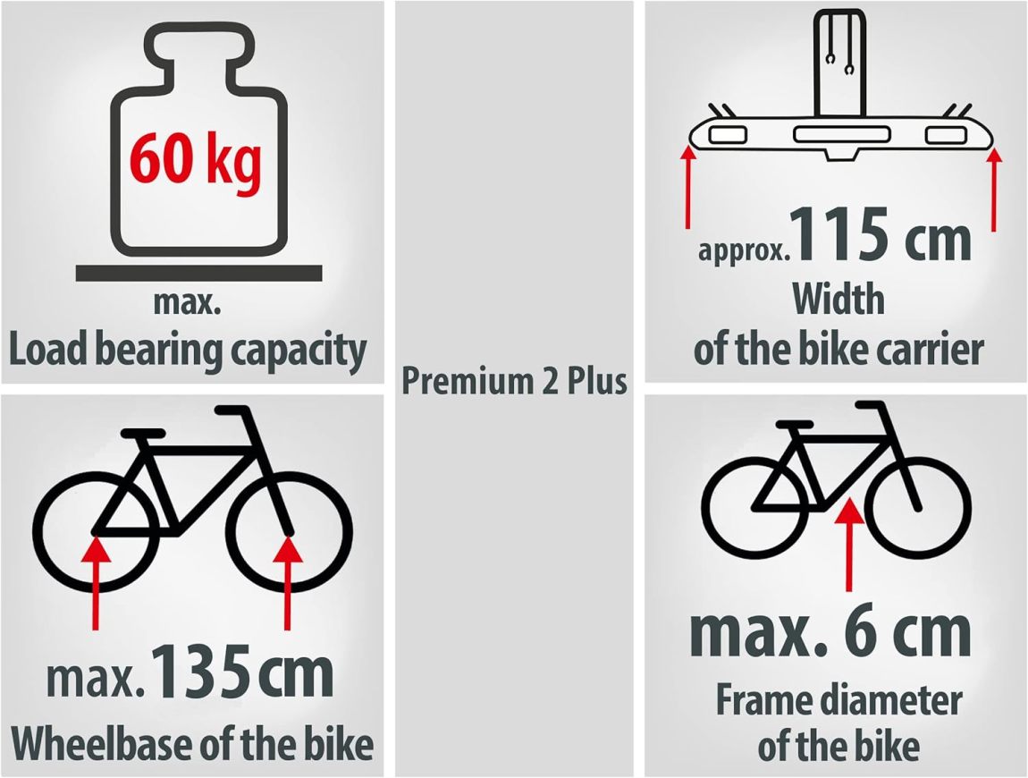 EUFAB 11523 Premium 2 Plus Bicycle Carrier, Suitable for E-Bikes, Large Tailgates, Fully Pre-Assembled, Anti-Theft Protection, for 2 Bicycles, for Trailer Coupling, Black/Grey, W x H x D Approx. 115 x