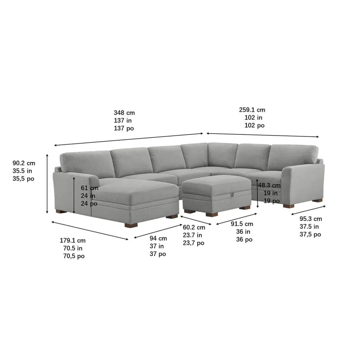 Thomasville Langdon Fabric Sectional with Chaise and Storage Ottoman, Gray