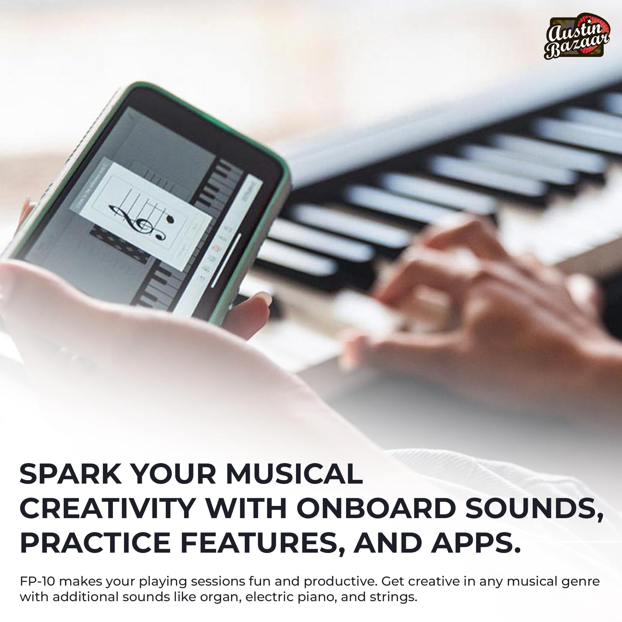 Roland FP-10 Digital Piano - Black Bundle with KSC-FP10 Stand, Bench, Sustain Pedal, Instructional Book, Online Lessons, Instructional DVD, and Austin Bazaar Polishing Cloth