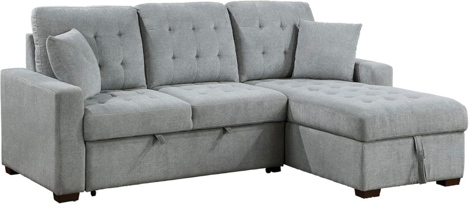 Sleeper Sofa, L Shape Sectional Couch with Right Storage Chaise and Pull Out Sofa Bed, Grey
