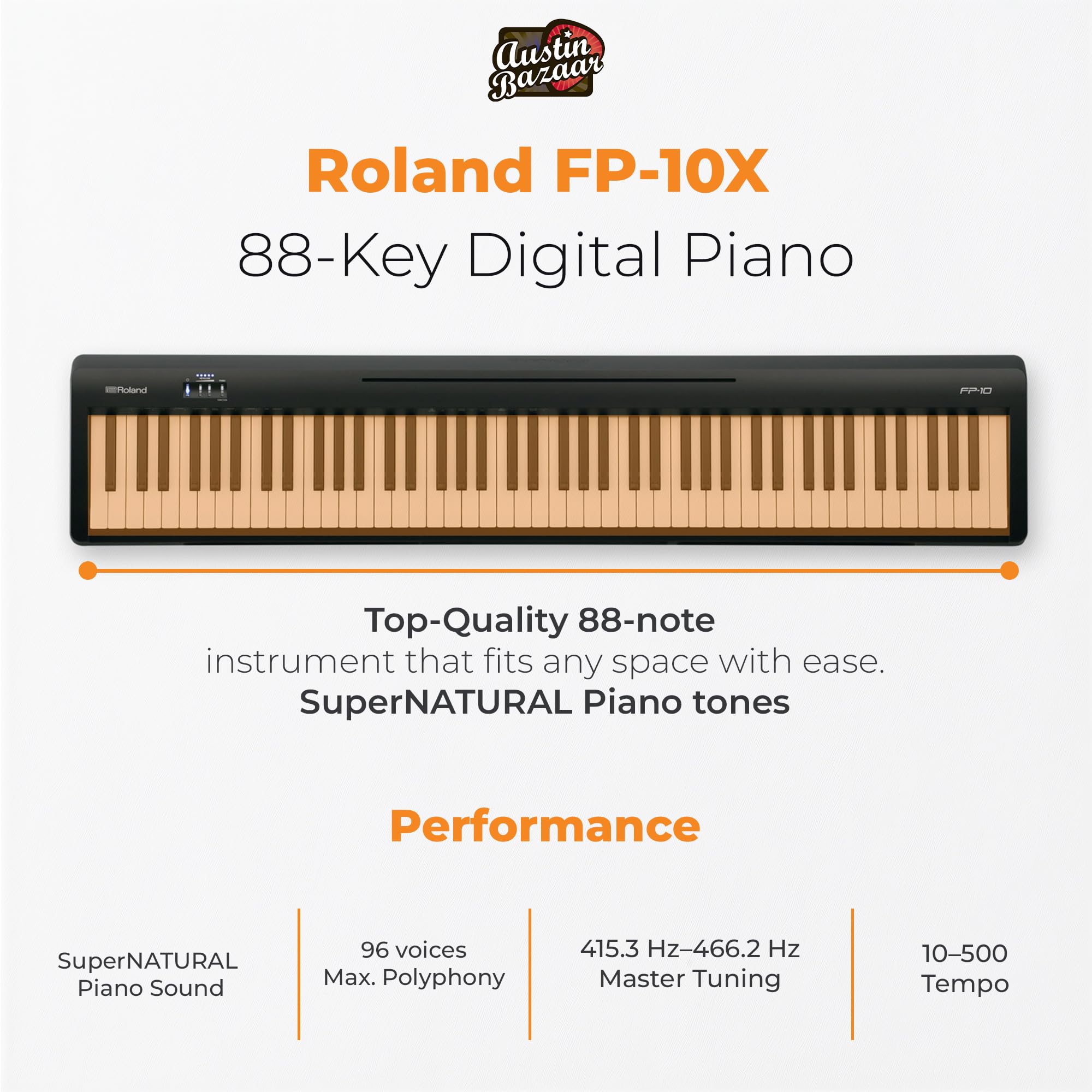 Roland FP-10 Digital Piano - Black Bundle with KSC-FP10 Stand, Bench, Sustain Pedal, Instructional Book, Online Lessons, Instructional DVD, and Austin Bazaar Polishing Cloth