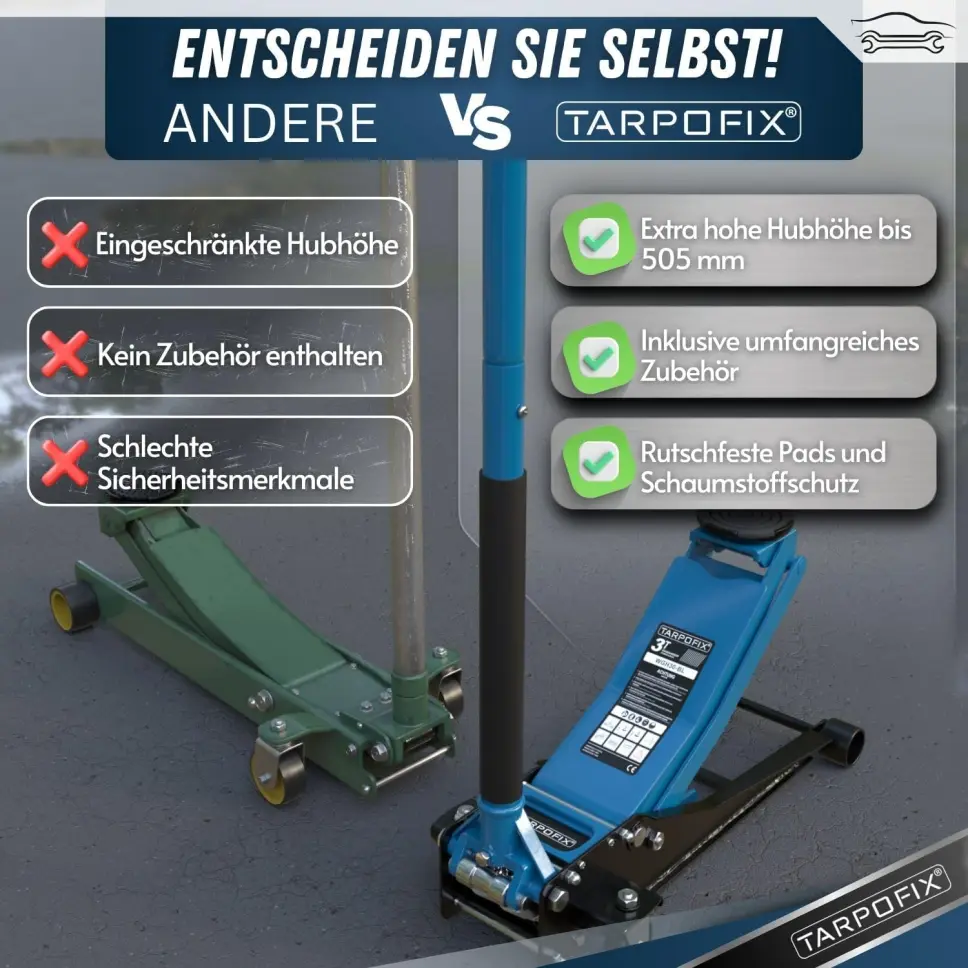 Tarpofix® Hydraulic Jack 3t (75-505mm Lifting Height) | Premium Twin Cylinder Jack | Flat hydraulic jack for SUVs and low-profile vehicles