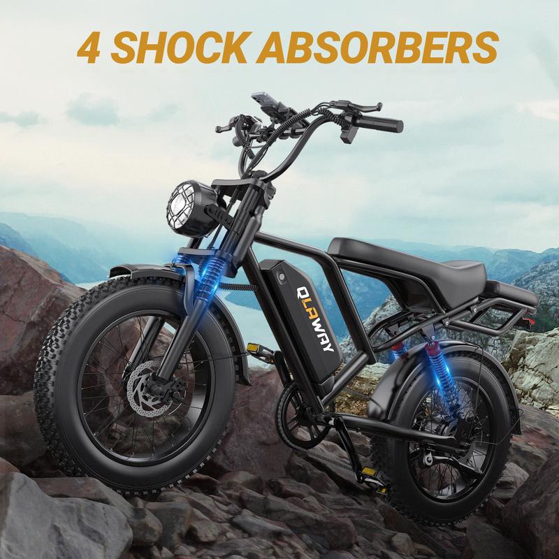 【VOLTVOGUE-Qlaway 】Electric Bike, Peak Power 1500W, Full Suspension, Top Speed 31 MPH, Range 40-70 Miles, 48V 18Ah Removable Battery, 2-Seater Design, LED Headlights, 20-Inch All-Terrain Fat Tires, UL 2849 Certified. Ebike Electric Motorcycle