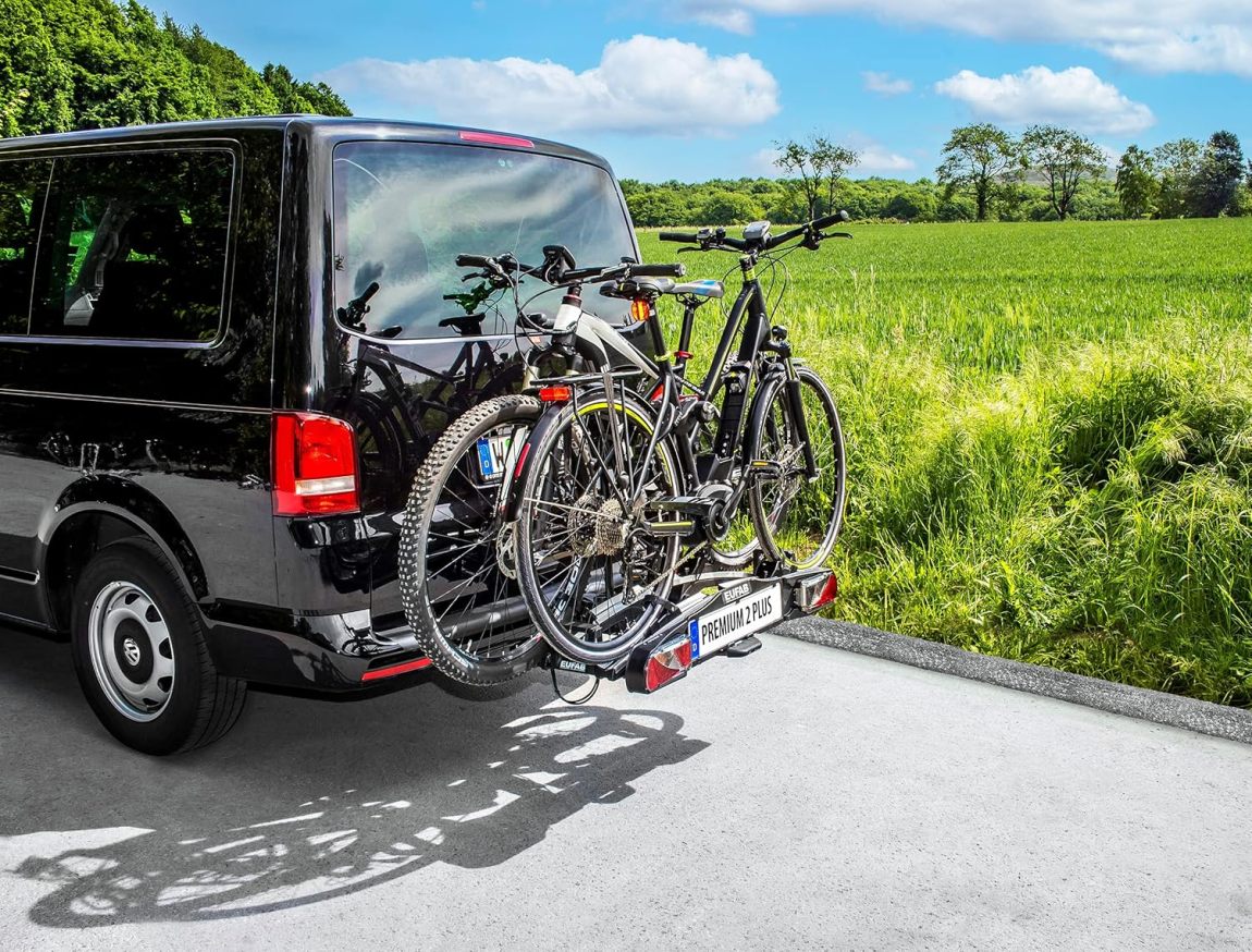 EUFAB 11523 Premium 2 Plus Bicycle Carrier, Suitable for E-Bikes, Large Tailgates, Fully Pre-Assembled, Anti-Theft Protection, for 2 Bicycles, for Trailer Coupling, Black/Grey, W x H x D Approx. 115 x