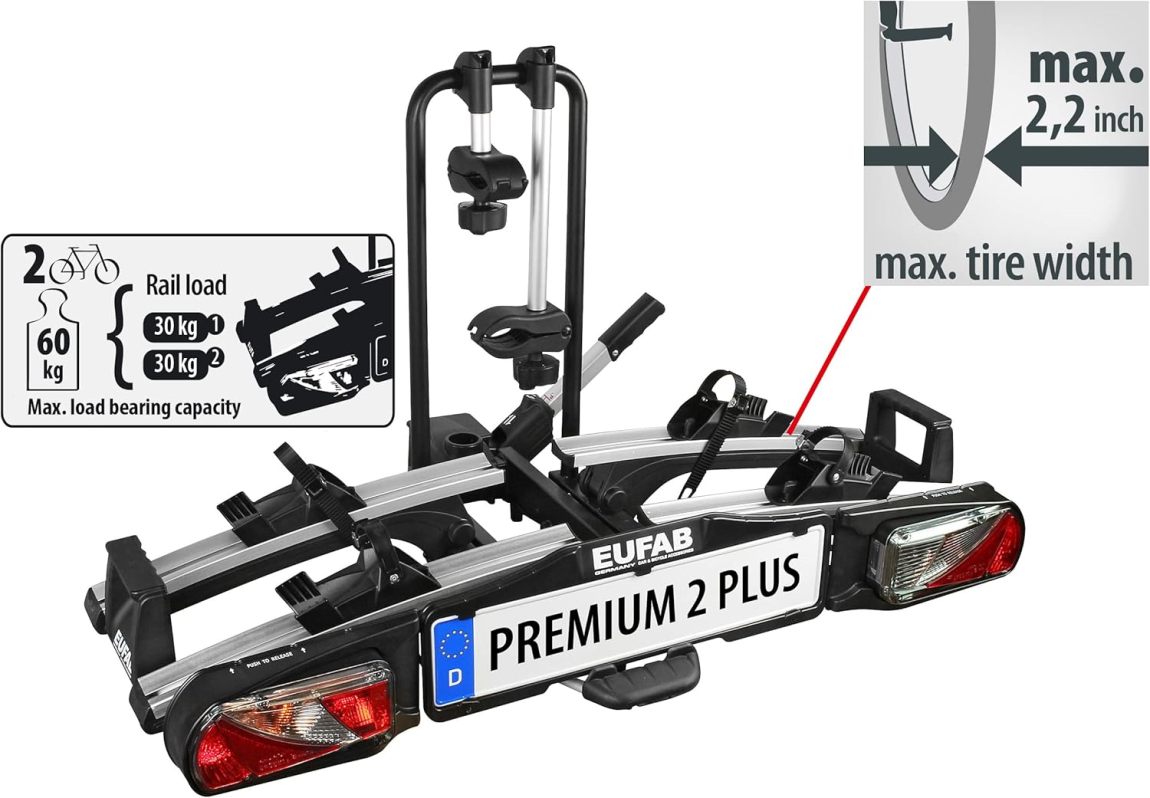 EUFAB 11523 Premium 2 Plus Bicycle Carrier, Suitable for E-Bikes, Large Tailgates, Fully Pre-Assembled, Anti-Theft Protection, for 2 Bicycles, for Trailer Coupling, Black/Grey, W x H x D Approx. 115 x