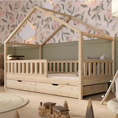 Crazy Pine House Bed with Drawers 80x160 cm – Children's Bed Made of Natural Wood – Floor Bed with Storage and Removable Barrier - Crazy House