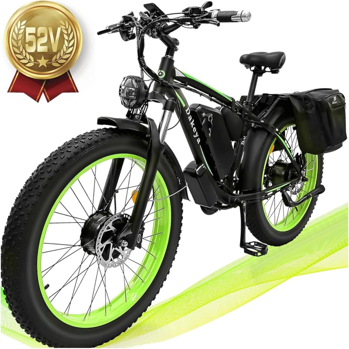 Dakeya Dual Motor Ebike,52V 23AH Battery Electric Bike for Adults AWD 2000W Peak 3600W,21-Speed 37MPH Mountain Snow Ebike with Removable,26 x 4.0 Fat Tire E-Bike with Cycling Pannier Bag