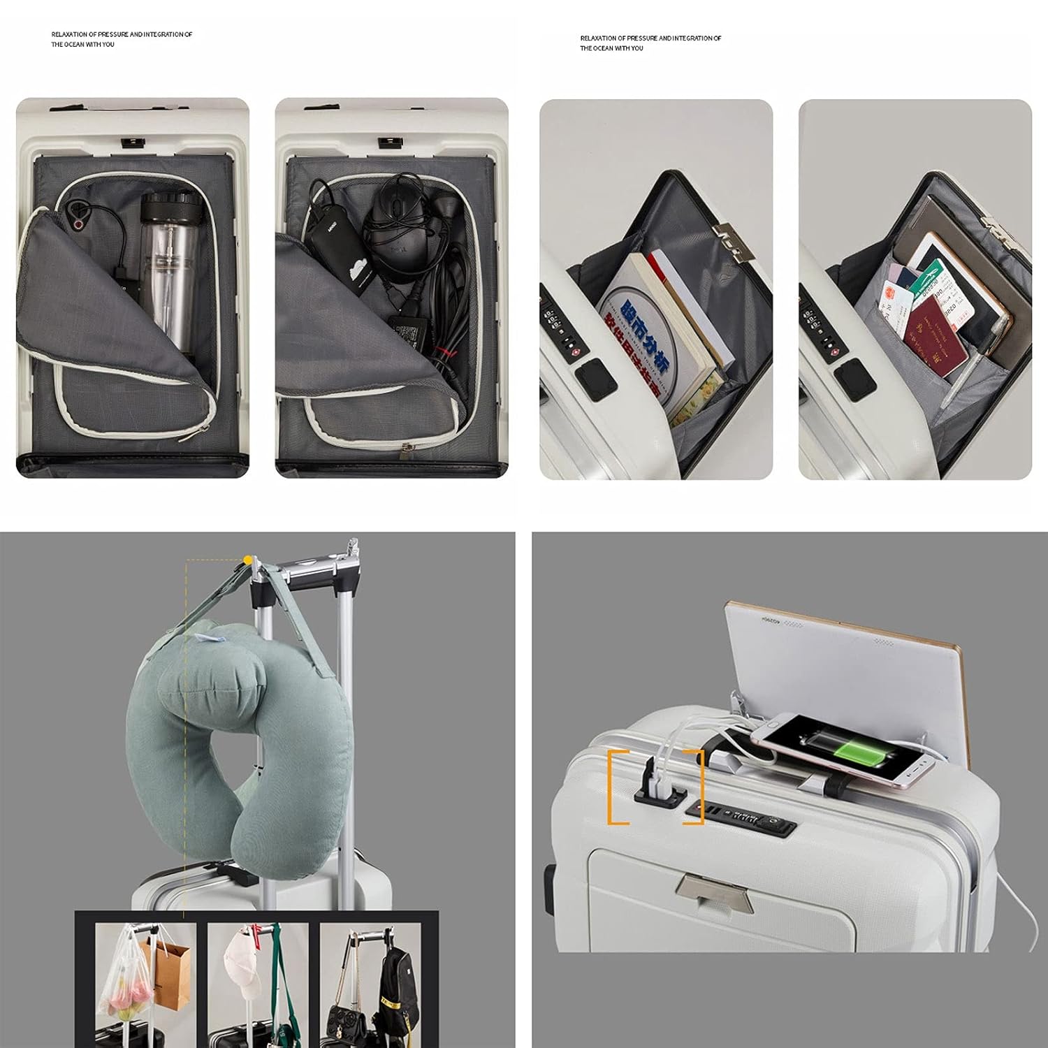 2-Piece Multifunctional USB Charging Port Luggage Set, Hardshell Suitcase with Built-in TSA Lock, Trolley Case with Front Computer Compartment