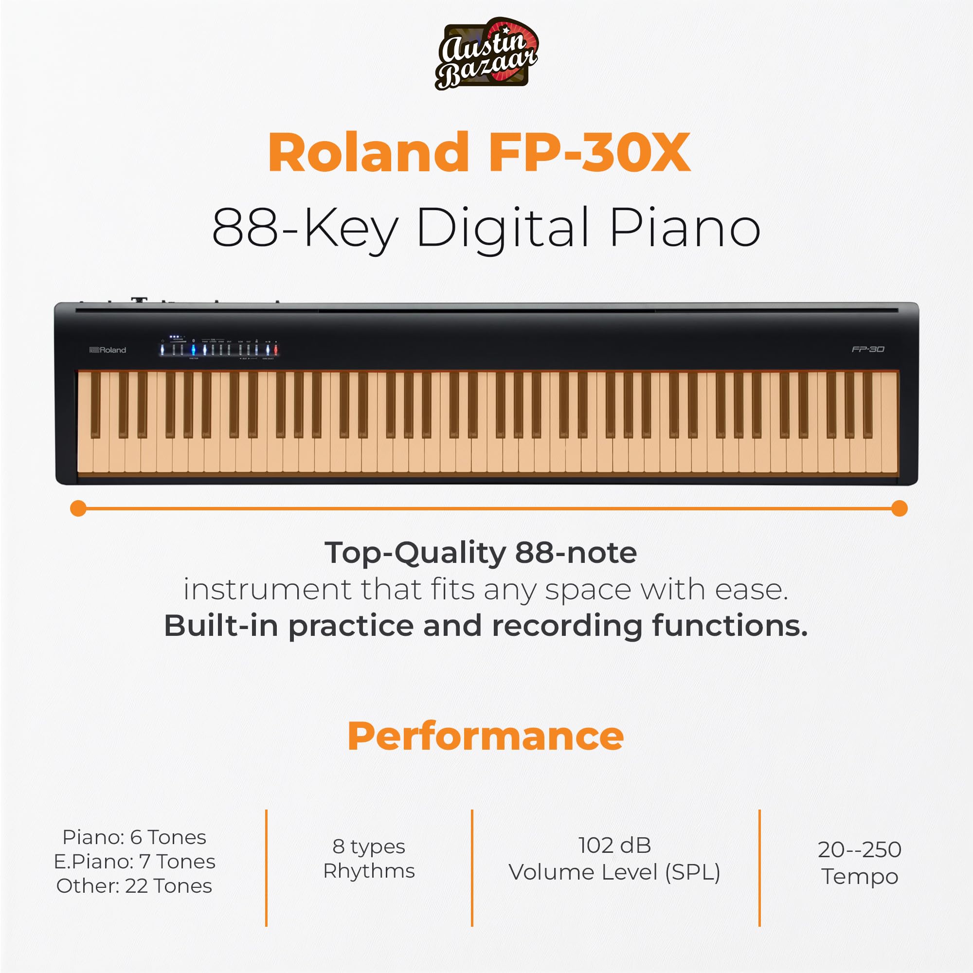 Roland FP-10 Digital Piano - Black Bundle with KSC-FP10 Stand, Bench, Sustain Pedal, Instructional Book, Online Lessons, Instructional DVD, and Austin Bazaar Polishing Cloth