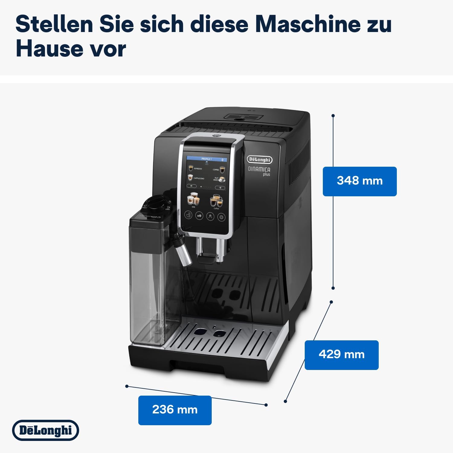 De'Longhi Dinamica Plus ECAM382.70.B, Fully Automatic Coffee Maker for Coffee Beans, Cappuccino Machine with LatteCrema Hot, Espresso Machine with 18 Recipes, 3.5 Inch TFT Display