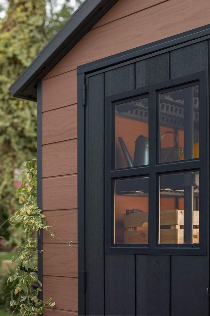 Keter Newton 7.5x11 Large Resin Outdoor Storage Shed Kit – Perfect to Store Patio Furniture, Garden Tools, Bike Accessories, and Lawn Mower, Mahogany Brown