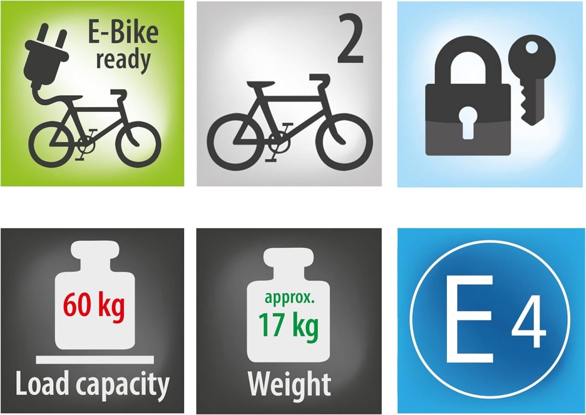 EUFAB 11523 Premium 2 Plus Bicycle Carrier, Suitable for E-Bikes, Large Tailgates, Fully Pre-Assembled, Anti-Theft Protection, for 2 Bicycles, for Trailer Coupling, Black/Grey, W x H x D Approx. 115 x