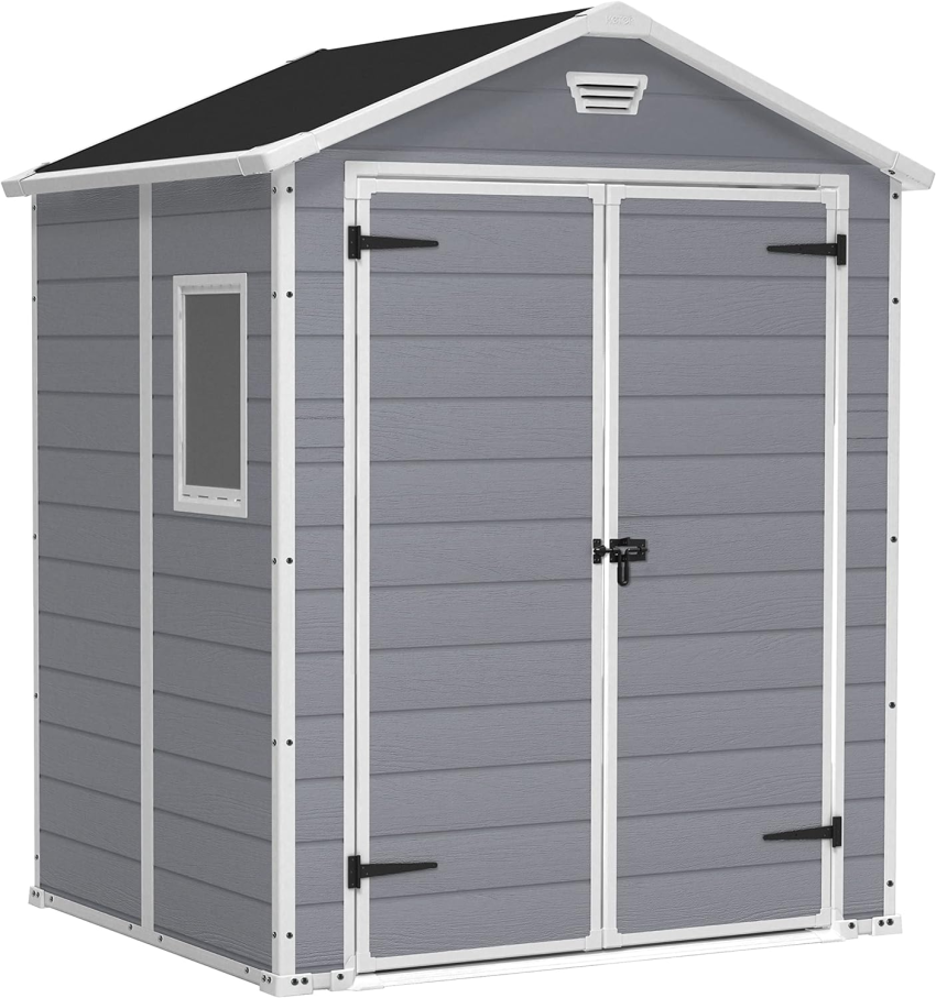 Keter Manor Outdoor Plastic Garden Storage Shed, Grey, 6 x 8 ft