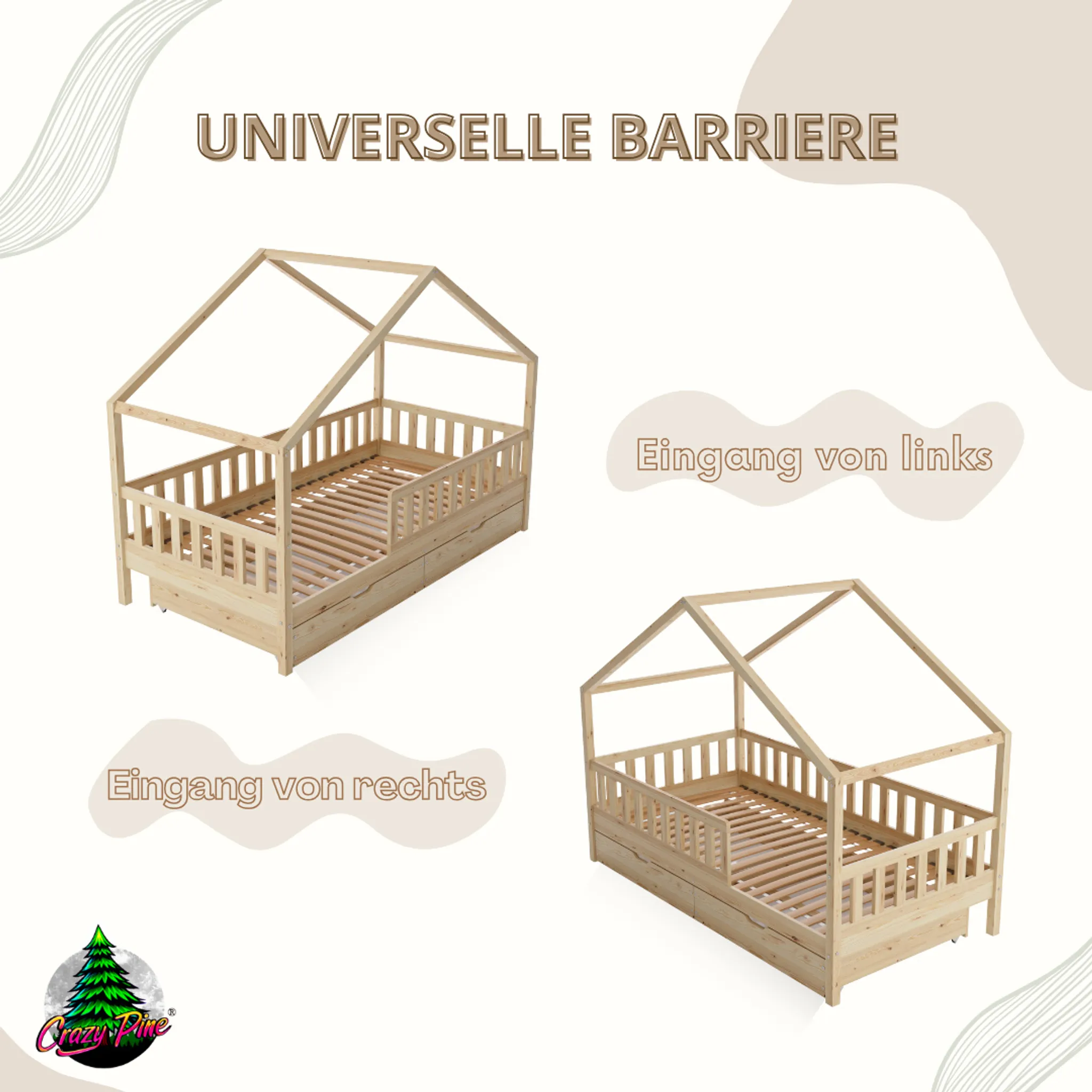 Crazy Pine House Bed with Drawers 80x160 cm – Children's Bed Made of Natural Wood – Floor Bed with Storage and Removable Barrier - Crazy House