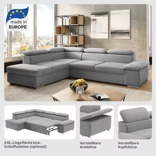 Valantine L-shaped corner sofa (Luxury microfiber ALTARA NUBUCK® with bed function)