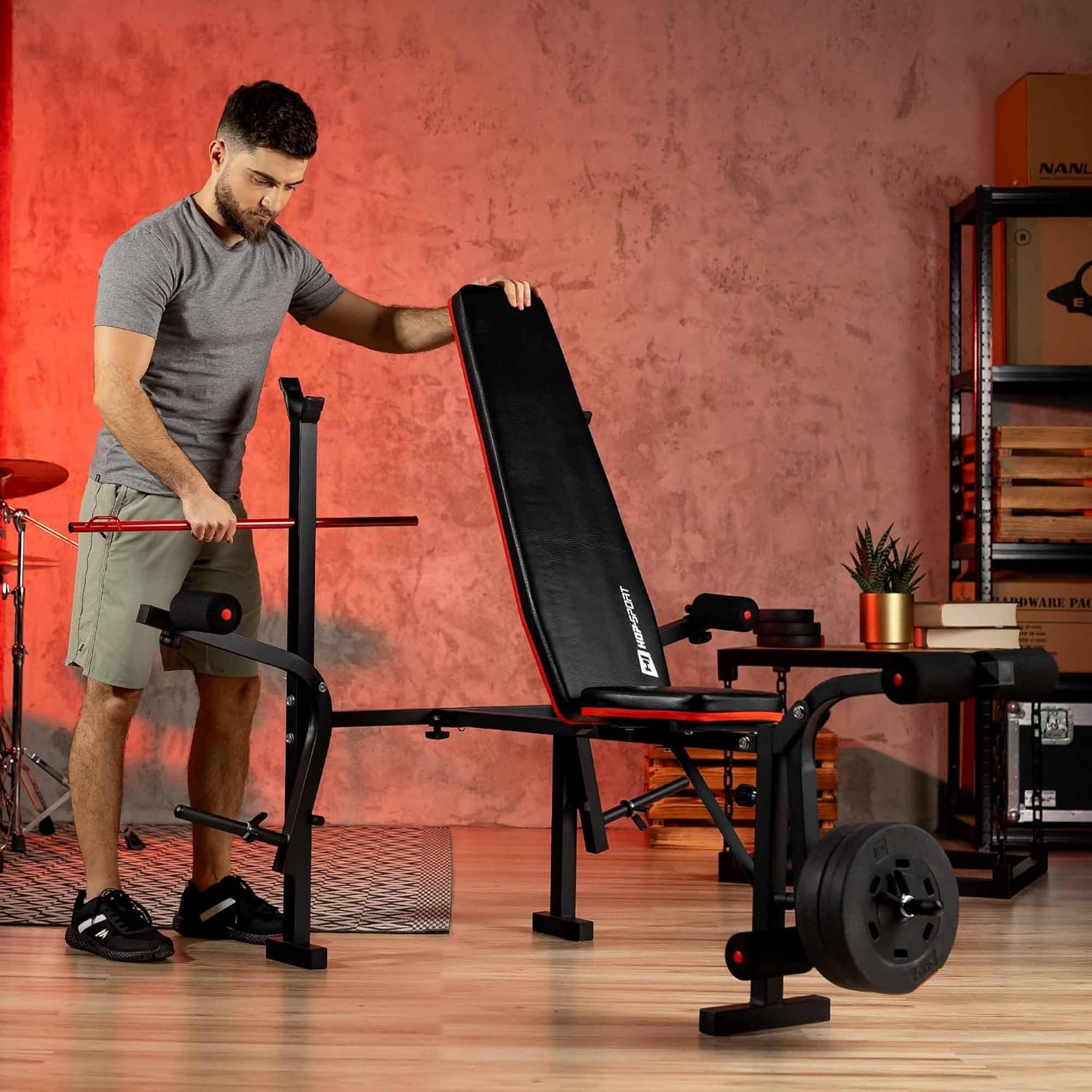 Hop-Sport HS-1055 Folding Reclining Weight Bench Complete Training Bench Dumbbell Stand Leg Trainer Multifunctional for Lying Developer with Butterfly