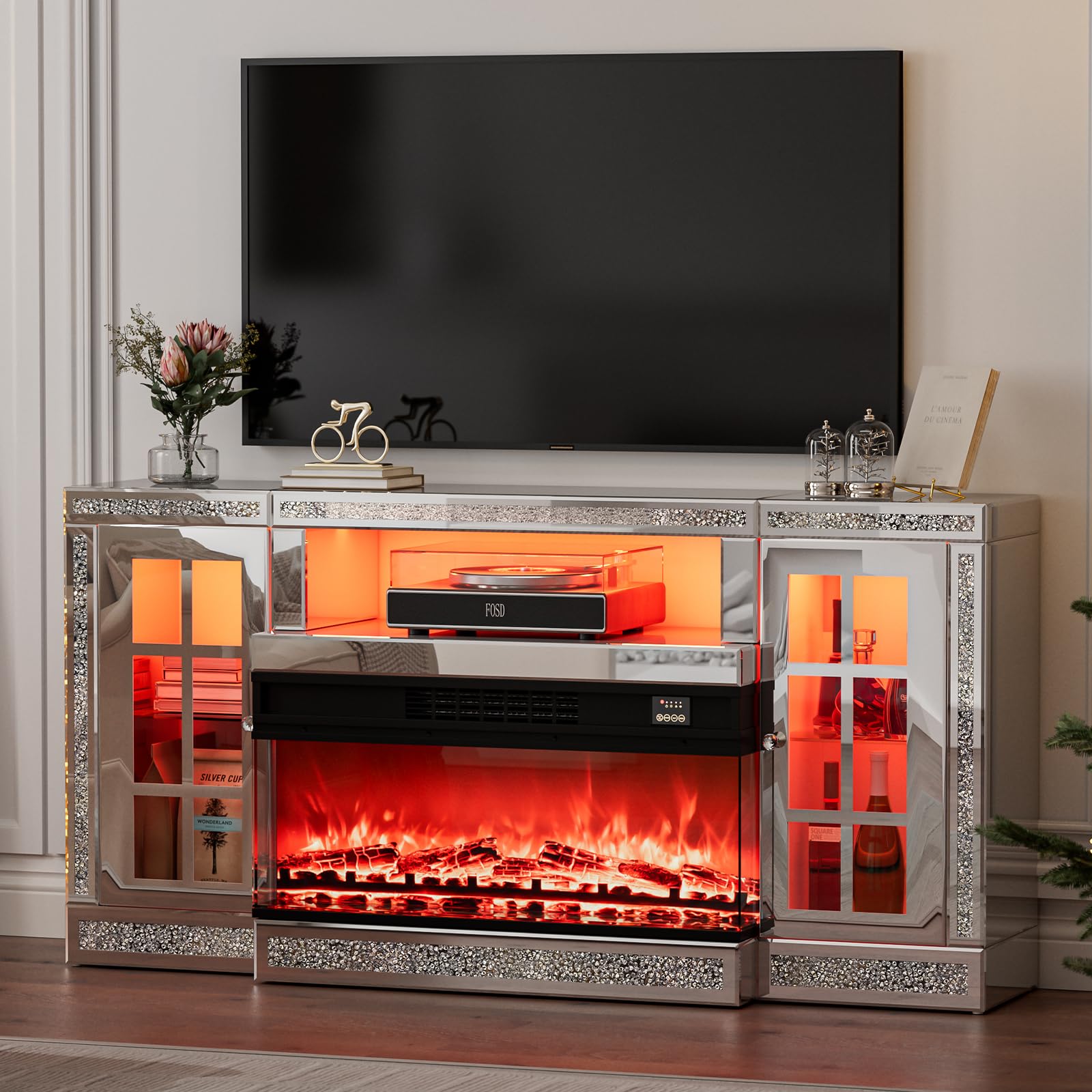 Mirrored Electric Fireplace TV Stand,Silver Glass TV Stand with and Storage Cabinet,Faux Fireplace Mantel, Freestanding Firebox with 3D Realistic Flame and 7 Colors for Living Room and Bedroom