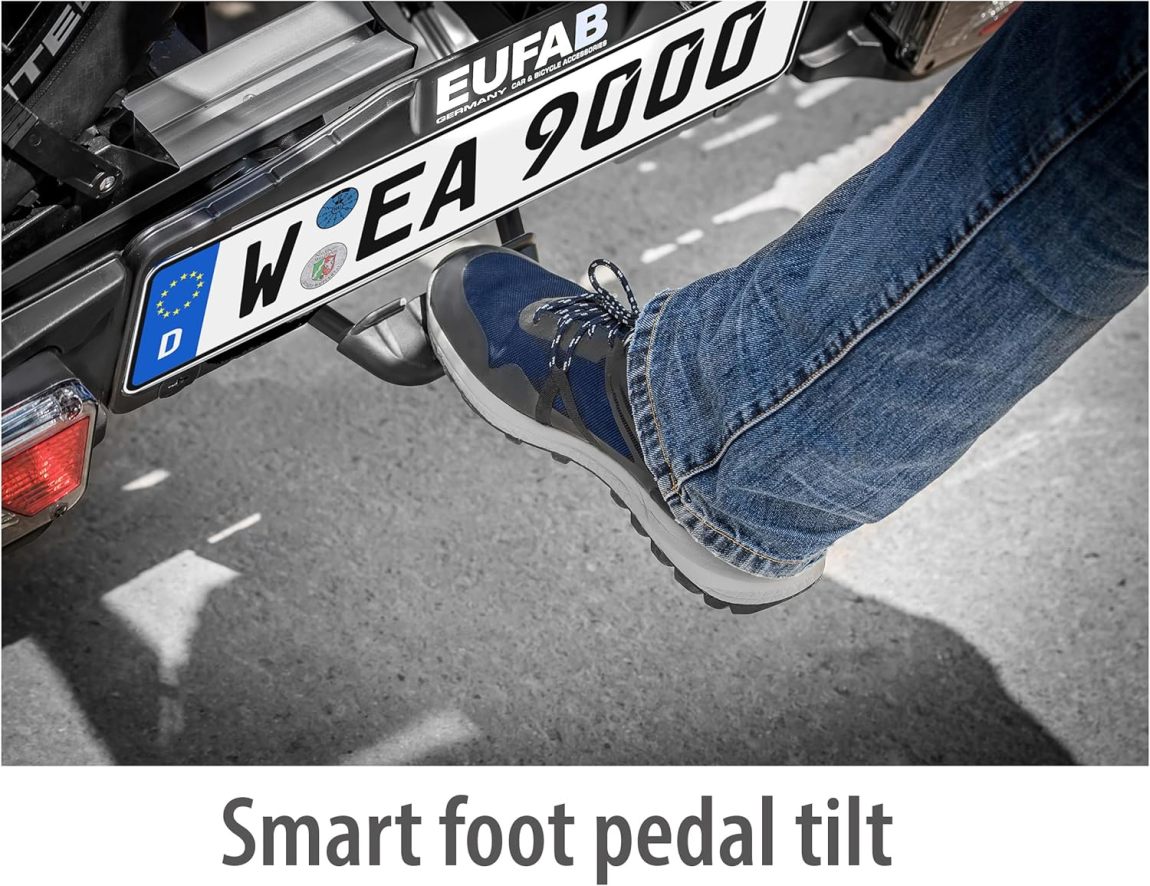 EUFAB 11523 Premium 2 Plus Bicycle Carrier, Suitable for E-Bikes, Large Tailgates, Fully Pre-Assembled, Anti-Theft Protection, for 2 Bicycles, for Trailer Coupling, Black/Grey, W x H x D Approx. 115 x