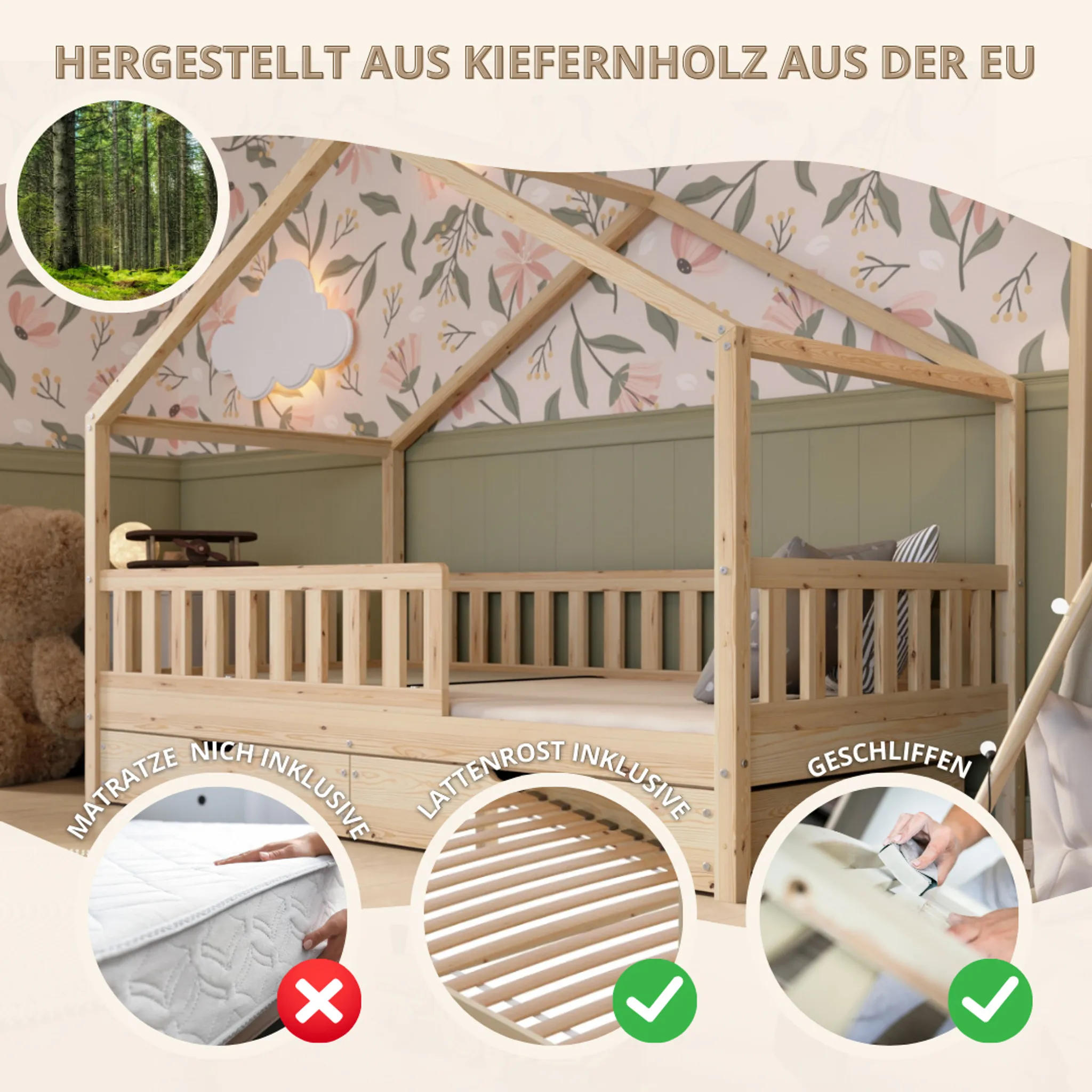 Crazy Pine House Bed with Drawers 80x160 cm – Children's Bed Made of Natural Wood – Floor Bed with Storage and Removable Barrier - Crazy House