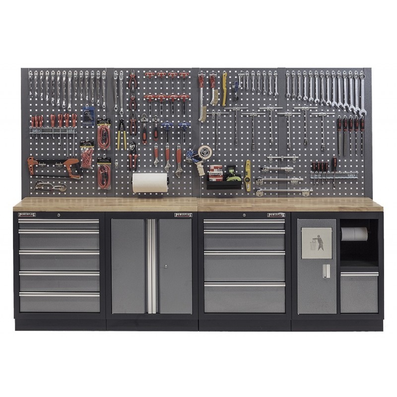 Workshop set with hardwood worktop, pegboard, tool cabinet - 10 drawers - workshop equipment 272 x 46 x 94.5 / 199.5 cm