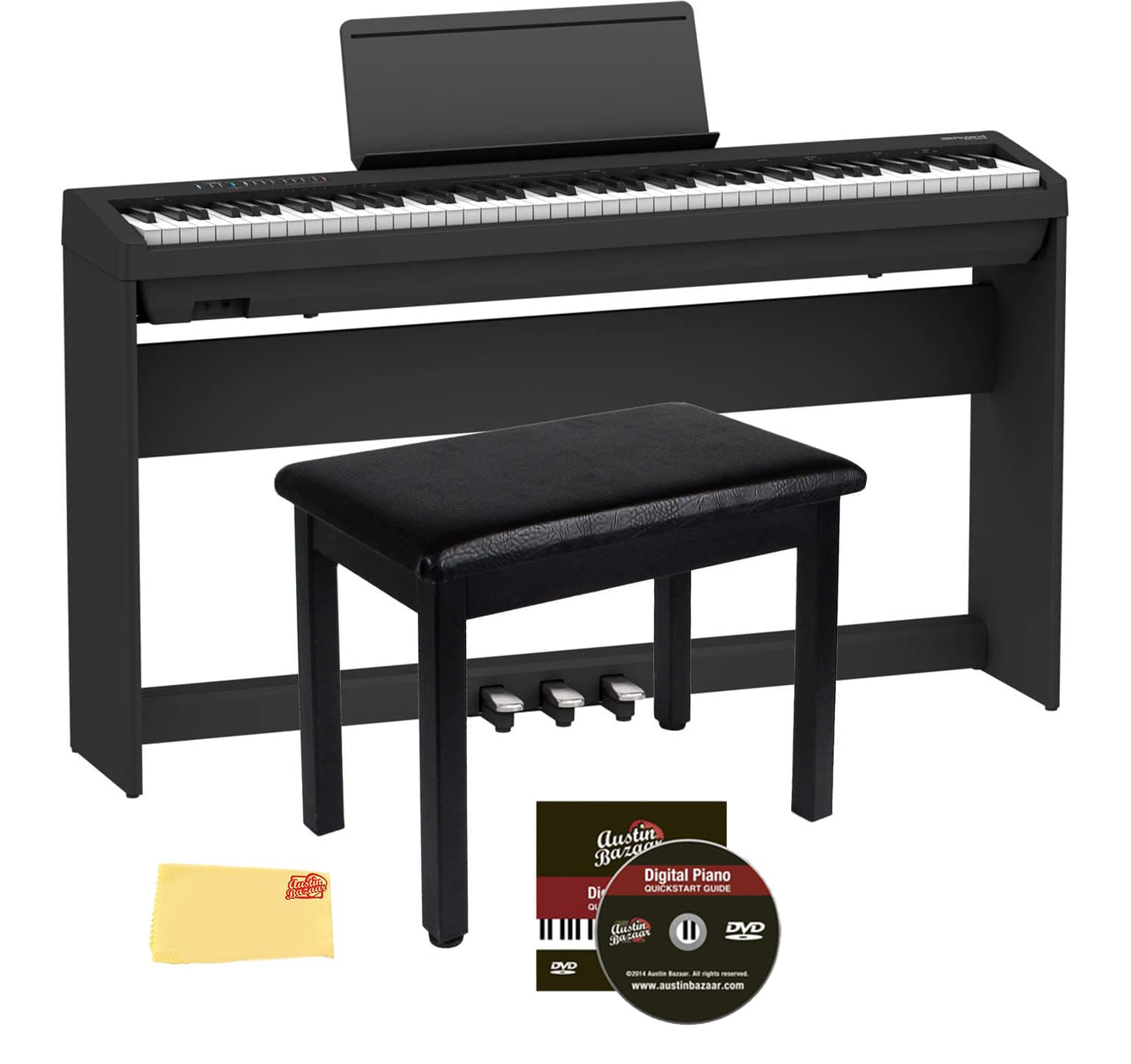 Roland FP-10 Digital Piano - Black Bundle with KSC-FP10 Stand, Bench, Sustain Pedal, Instructional Book, Online Lessons, Instructional DVD, and Austin Bazaar Polishing Cloth