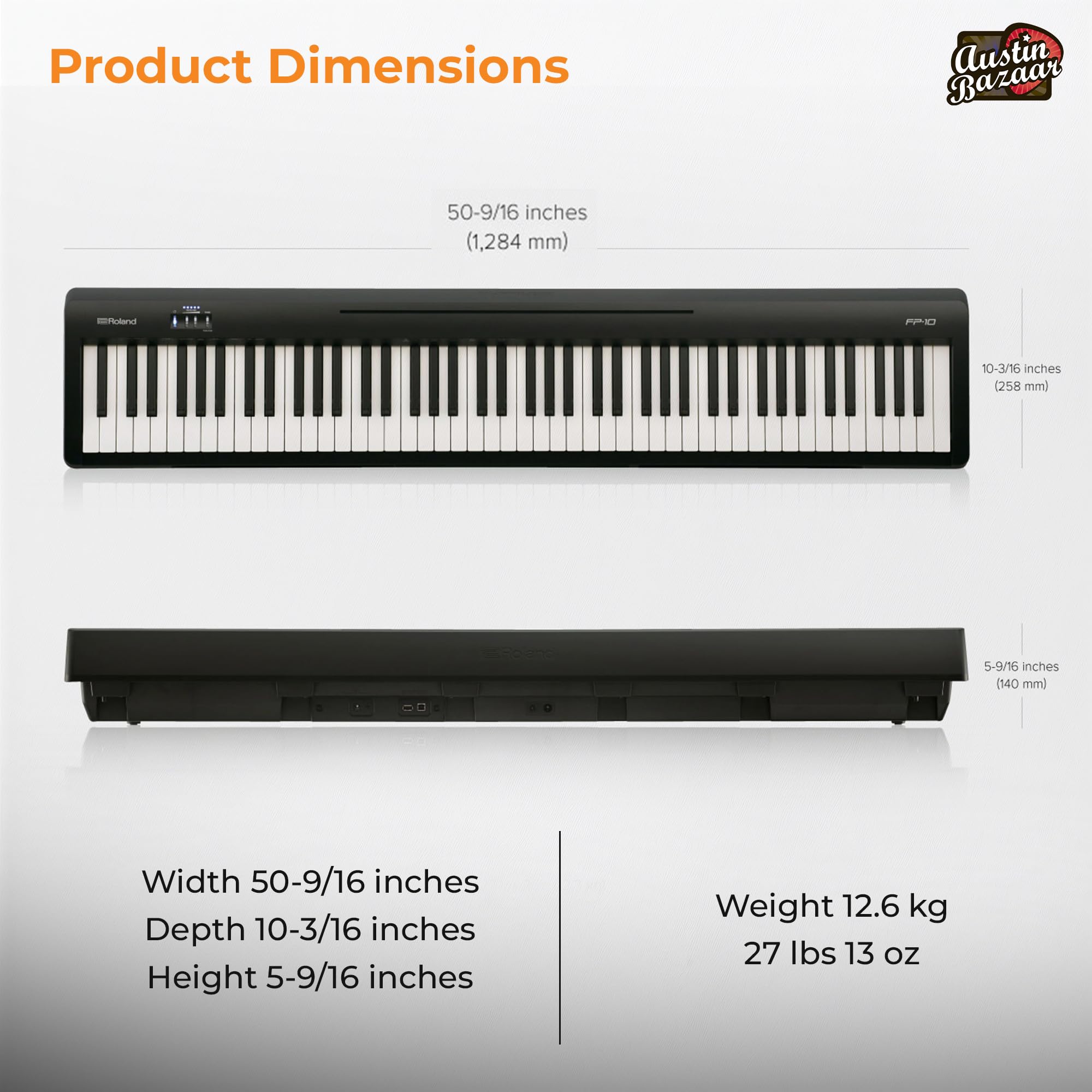 Roland FP-10 Digital Piano - Black Bundle with KSC-FP10 Stand, Bench, Sustain Pedal, Instructional Book, Online Lessons, Instructional DVD, and Austin Bazaar Polishing Cloth