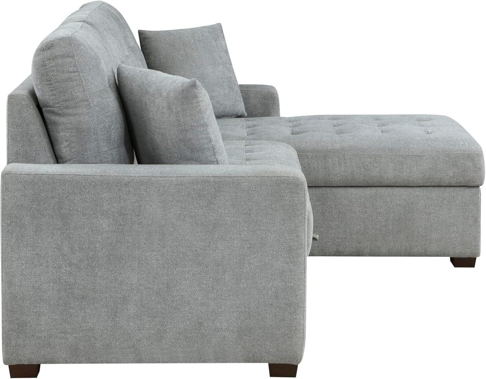 Sleeper Sofa, L Shape Sectional Couch with Right Storage Chaise and Pull Out Sofa Bed, Grey