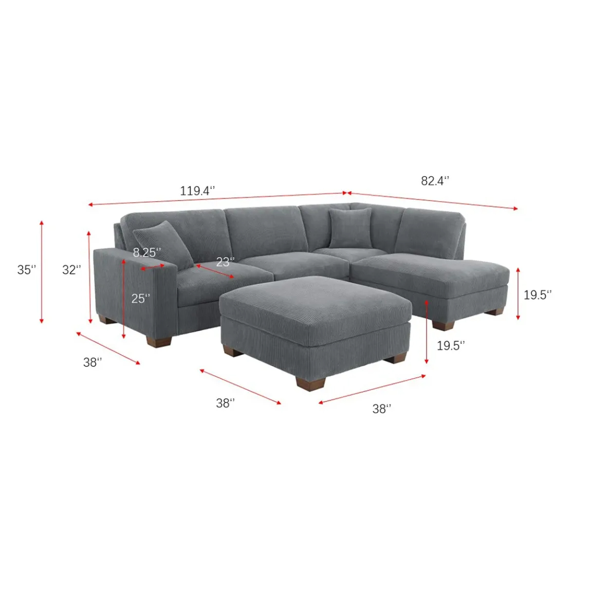 Thomasville Artesia Corduroy Fabric Sectional with Ottoman