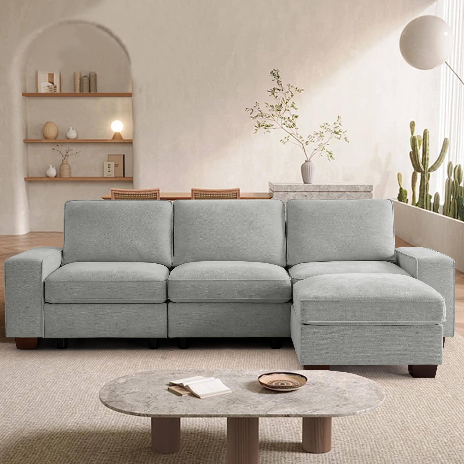 TEKAMON 100 Modular Sectional Sofa with Seats Storage, L Shaped Couch with Movable Ottoman, Chenille Fabric Couch for Living Room, Office, Apart W/Deep Seat, USB Charging,Removable Cover