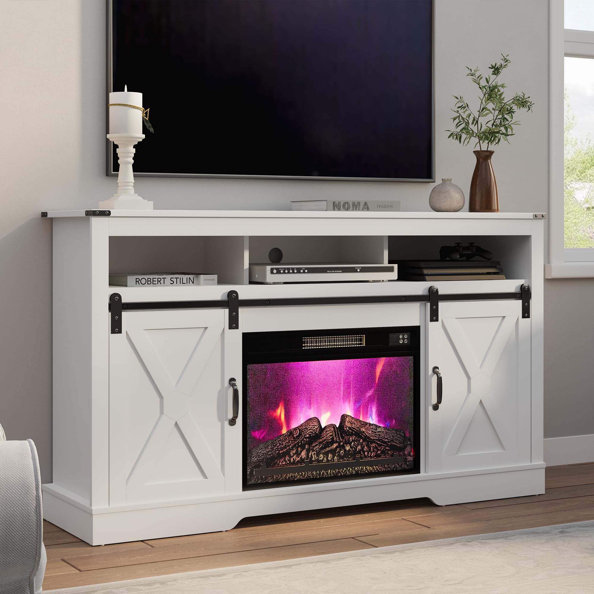 RoyalCraft Farmhouse Fireplace TV Stand for 65+ Inch TV, Entertainment Center with 23 Electric Fireplace with Remote, 34 Modern Rustic TV Console with Sliding Bar Door for Living Room