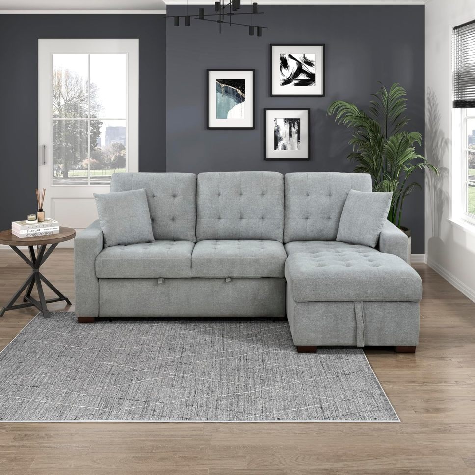 Sleeper Sofa, L Shape Sectional Couch with Right Storage Chaise and Pull Out Sofa Bed, Grey