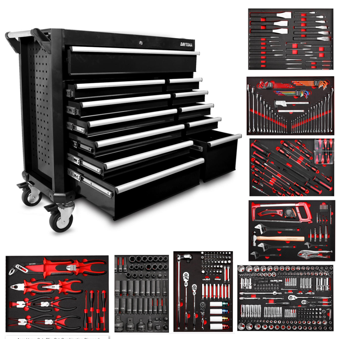 Daytona 655 Piece Mechanical Tool Set with 43 12 Drawer Red Roller Cabinet